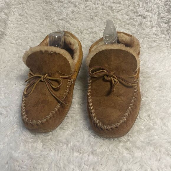 LLBean Men’s leather Suede tan Moccasin Slippers shearling lining SZ10M - Picture 3 of 11